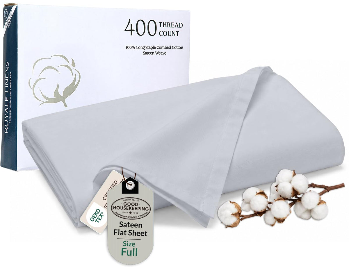 Royale Linens Queen Flat Sheet Only, Luxury Breathable Sateen Weave 100% Cotton Flat Sheets, Ultra Soft Single Flat Sheets Only Sold Separately, Cooling Top Sheet (Caribbean Blue-90x102)