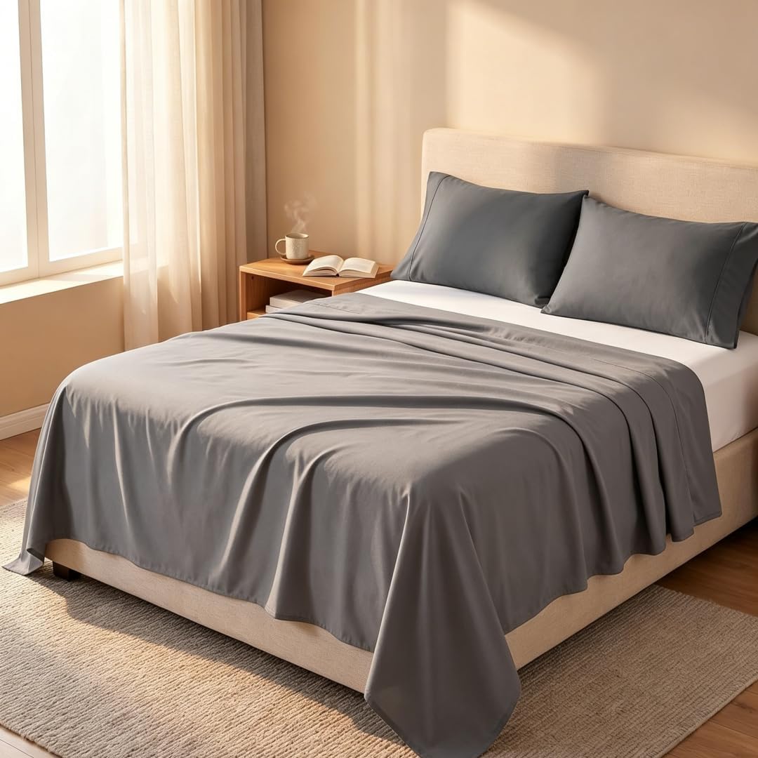 Hotel Quality Flat Sheet Only - Brushed Microfiber Top Sheet - Ultra Soft & Breathable - Wrinkle-Free - Easy Care - Flat Sheet Only (1, Gray, Twin)