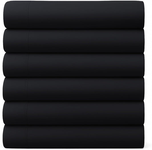 GOLD TEXTILES Queen Flat Sheet 6 Pack – Brushed Microfiber Top Sheets for Home, Hotel & Hospitality – Soft, Durable & Shrink-Resistant Flat Sheets, Easy-Care Bedding (6, Black, Queen)