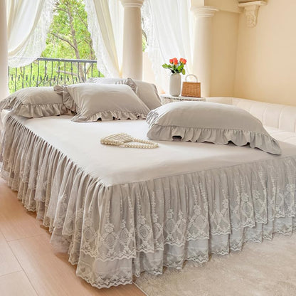 Lace Bed Skirt & Bedsheet Queen Size - 17 in. Drop, Easy Fit Ruffled Bedskirt Wrap Around Bedcover, Anti Wrinkle & Fade