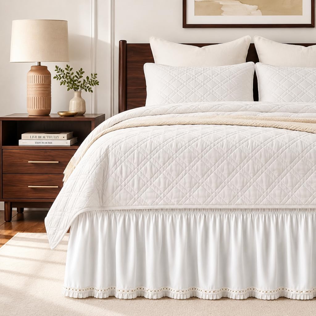 White Twin XL College Dorm Bed Skirt 32" Drop, Elastic Wrap Dust Ruffle