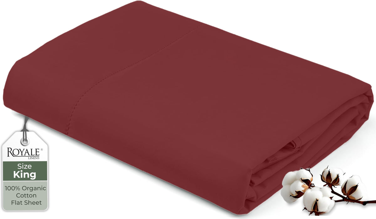 Royale Linens 100% Organic Cotton Queen Flat Sheet Only - Super Soft - Percale Top Sheets - Queen Flat Sheet Sold Separately - Breathable, Cool & Crisp White Sheets Only (90" x 102", White)