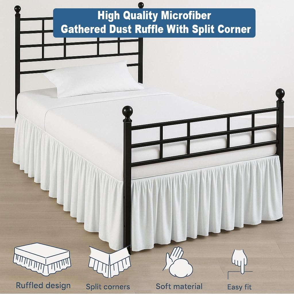 Ruffled Bed Skirt Split Corners with Platform, Tailored Fit Hotel Quality Wrinkle Free Ultra-Soft Microfiber Dust Ruffle, Upto 16 Inch Drop, Queen, White