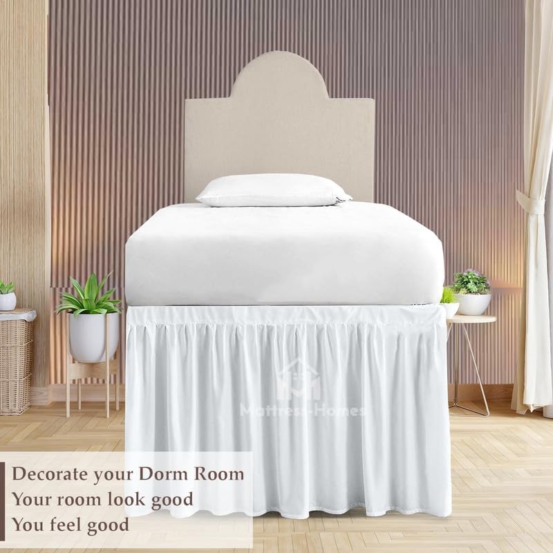 Mattress-Homes College Dorm Bed Skirt Twin XL, 42 Inch Drop Extra Long Bed Skirt, Split Corner Tailored Dust Ruffle, Premium Brushed Microfiber, Wrinkle Resistant, White