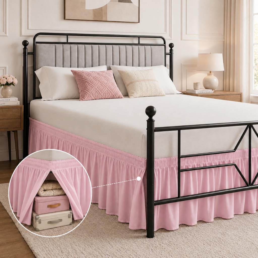 Queen Bed Skirt 14 inch Drop, Elastic Wrap Split Corner, Bright White