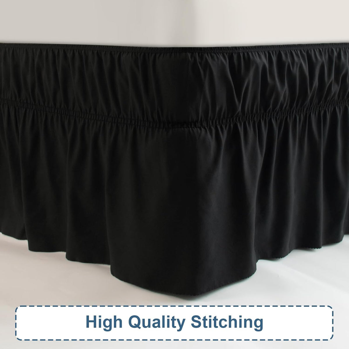 Queen Bed Skirt, Wrap Around Elastic Quadruple Pleated Bed Ruffle, Black
