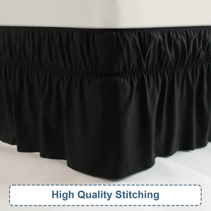 Queen Bed Skirt, Wrap Around Elastic Quadruple Pleated Bed Ruffle, Black