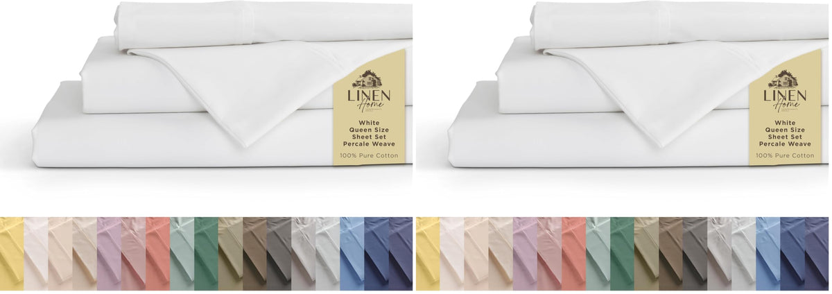 Linen Home 100% Cotton Percale Sheets Queen Size 4 Pc Cooling Set - White