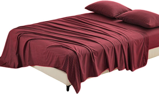 Kingnex Oversized King Flat Sheet 132x110 with Striped Pattern Burgundy