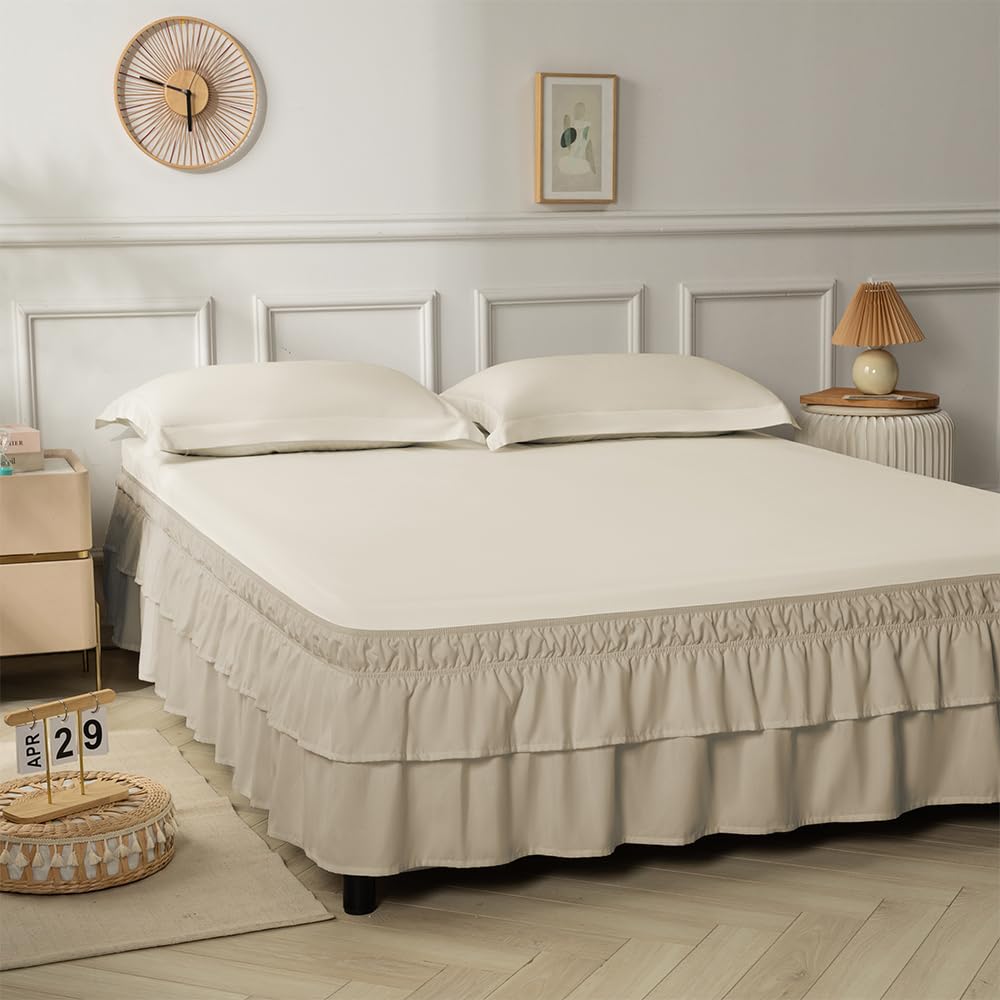 Double-Layered Ruffled Bed Skirt,Brown,Full/Queen, 14" Drop