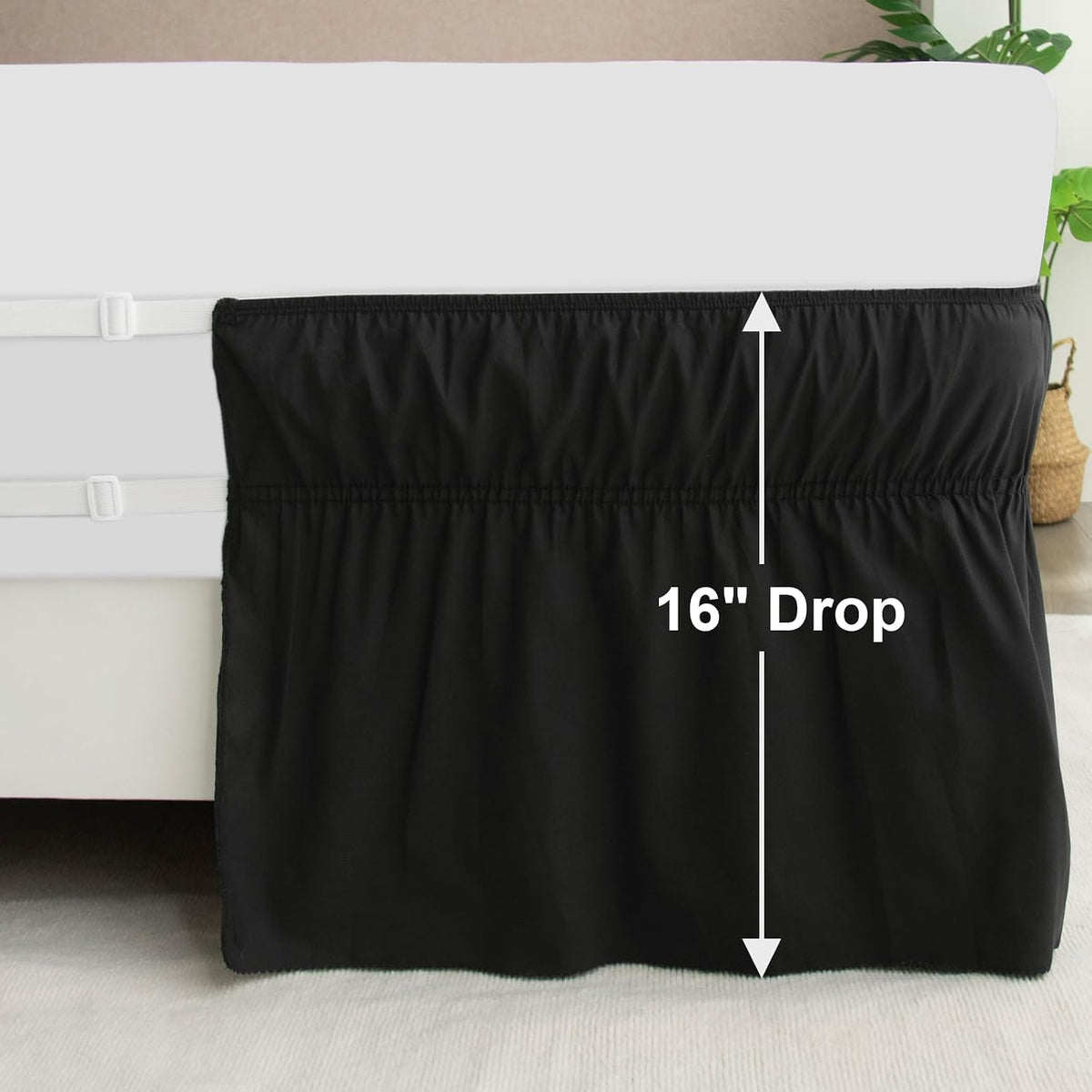 Queen Bed Skirt, Wrap Around Elastic Quadruple Pleated Bed Ruffle, Black