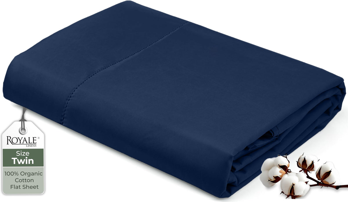 Royale Linens 100% Organic Cotton Queen Flat Sheet Only - Super Soft - Percale Top Sheets - Queen Flat Sheet Sold Separately - Breathable, Cool & Crisp White Sheets Only (90" x 102", White)