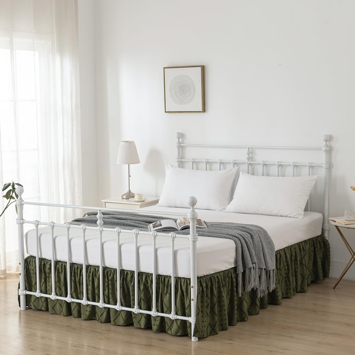 Bed Skirt King Size Ruffled Bed Skirt with Split Corners, Olive Green