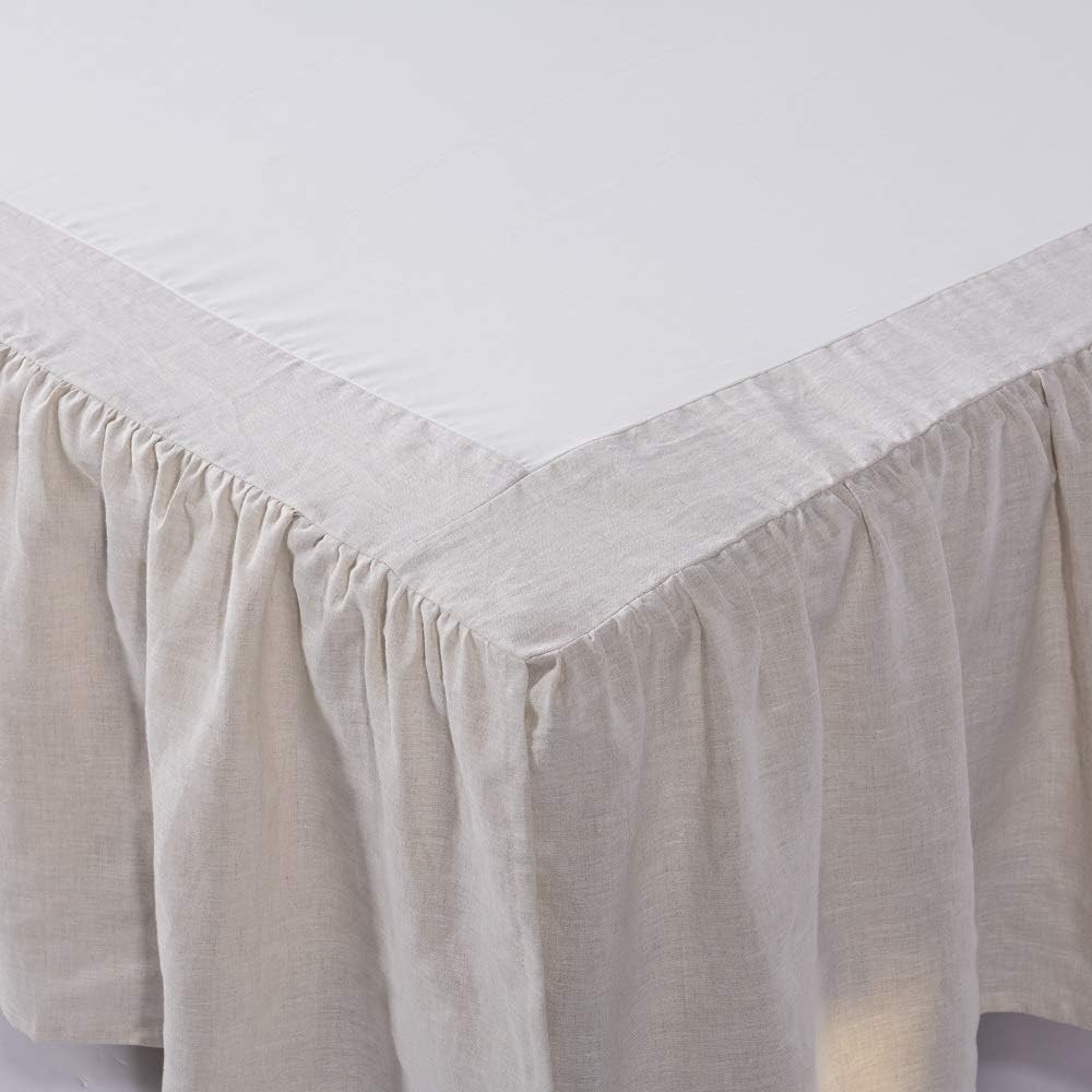 Meadow Park Washed French Linen Bed Skirt, Dust Ruffle, Queen Size 60" W x 80" L, Drop 16", Super Soft, Ruffle Style, Natural Linen Color.