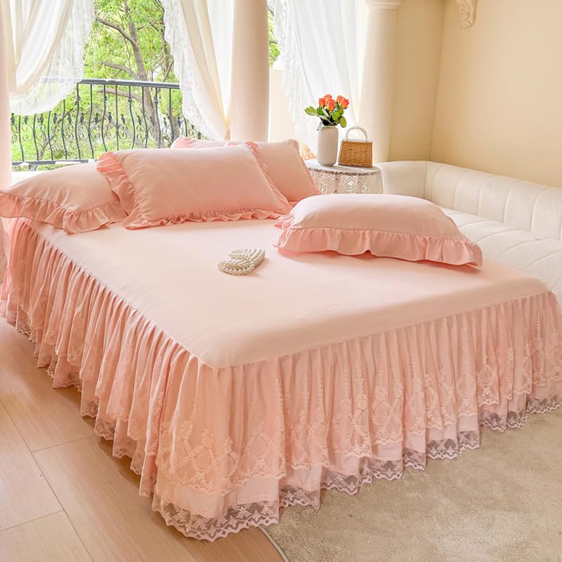 Lace Bed Skirt & Bedsheet Queen Size - 17 in. Drop, Easy Fit Ruffled Bedskirt Wrap Around Bedcover, Anti Wrinkle & Fade