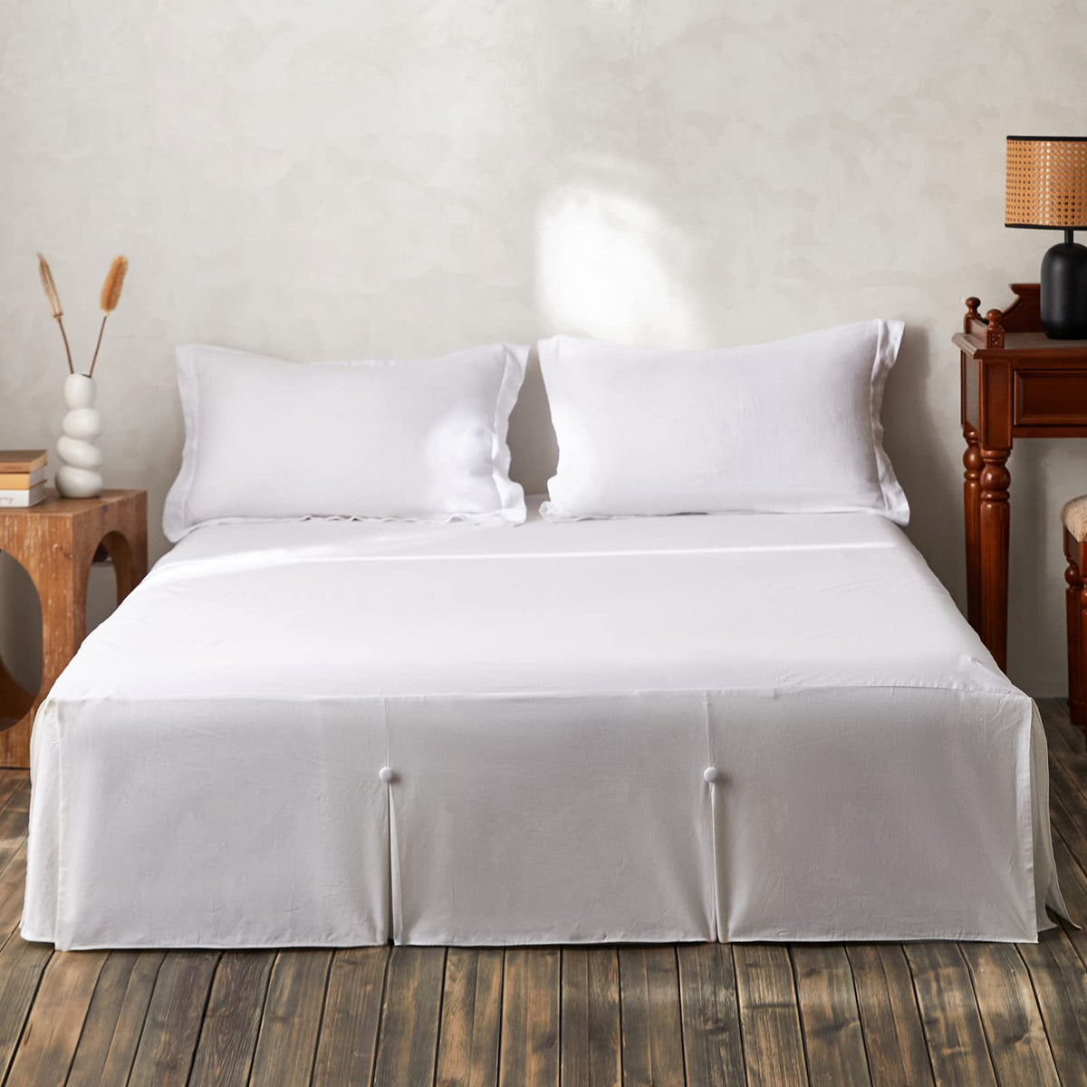 BISELINA French Linen Wrap Around Bed Skirt with Pleated Corner 14-Inch Tailored Drop Natural Flax Cotton Blend Basic Soft Cozy (14" Queen, Linen)