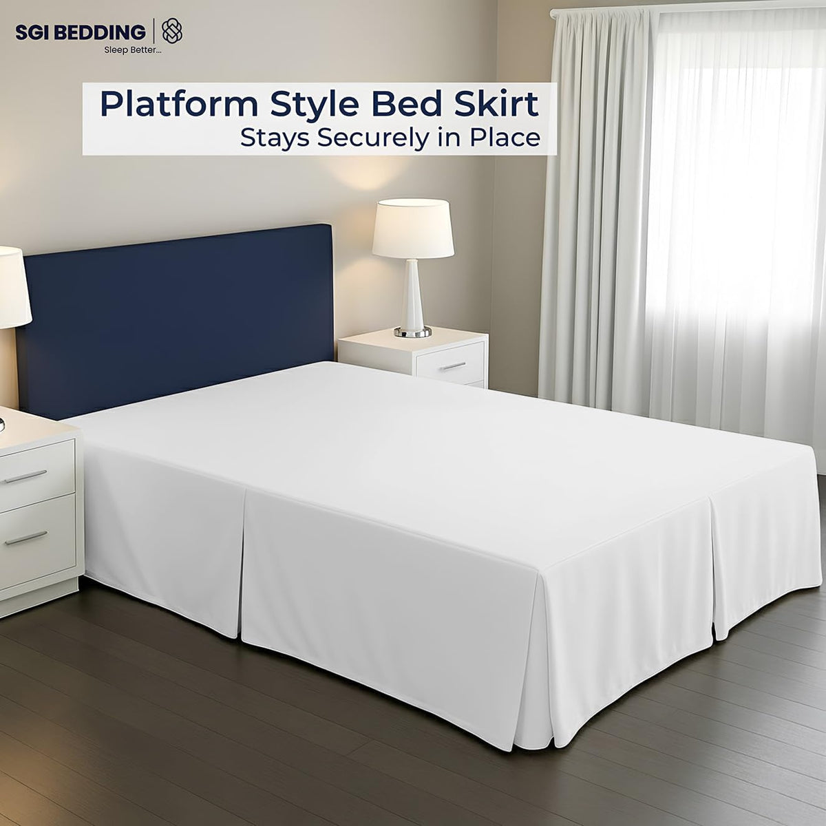 SGI Bedding 12 inch Drop Bed Skirt King Size - Platform Style with Secure Fit, Classic Tailored Look, Elegant Pleated Style Dust Ruffle, Split Corners, Wrinkle Resistant Microfiber - White