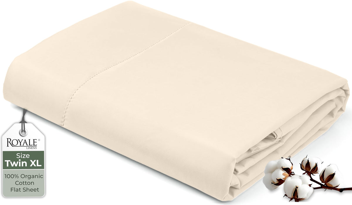 Royale Linens 100% Organic Cotton Queen Flat Sheet Only - Super Soft - Percale Top Sheets - Queen Flat Sheet Sold Separately - Breathable, Cool & Crisp White Sheets Only (90" x 102", White)