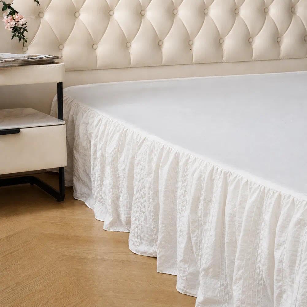 Full Bed Skirt, Crinkle Textured Stripe Bed Skirt with Platform, Ivory