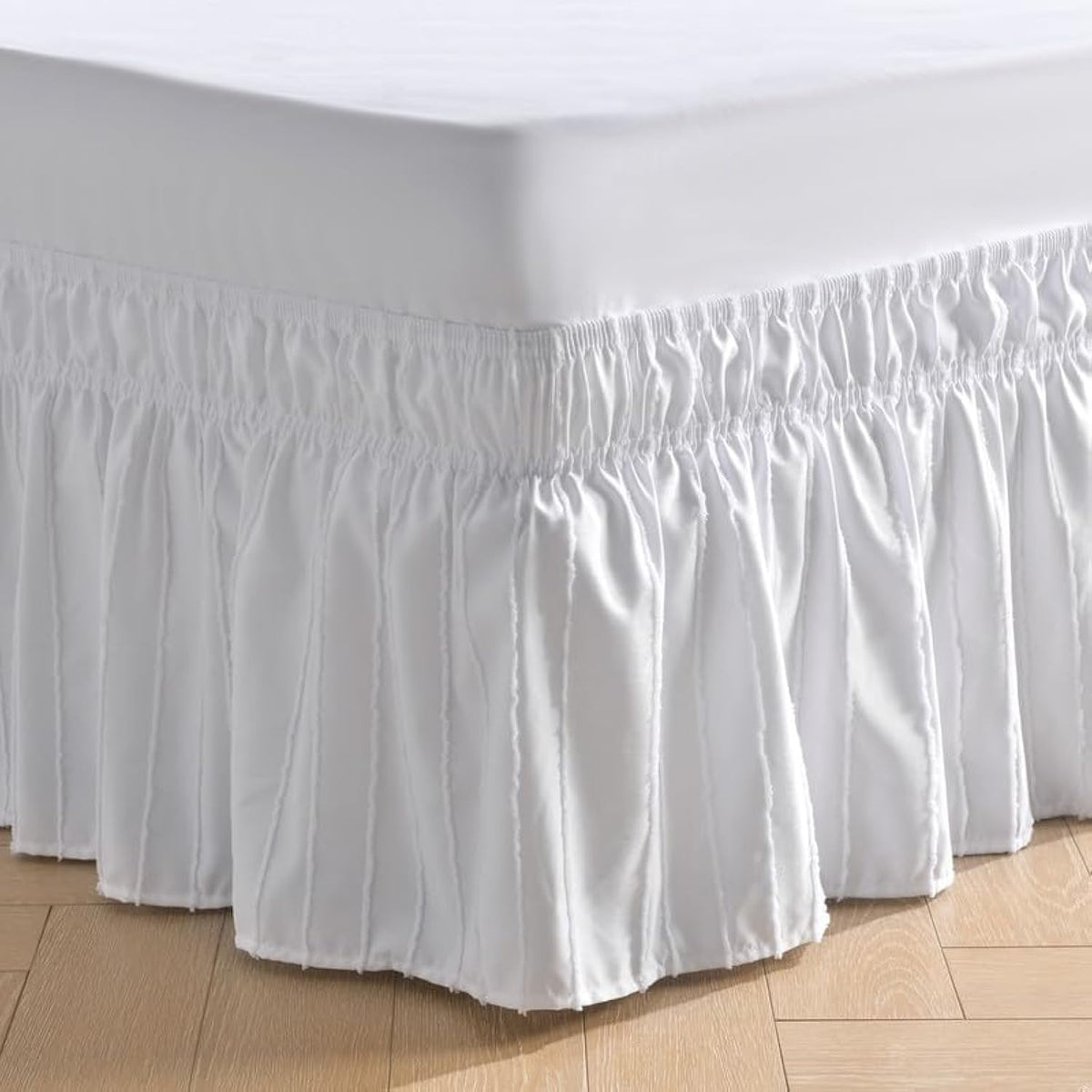 MIYE Wrap Around Ruffled Lace Bed Skirt, Elastic Dust Ruffle with Adjustable Belts, Easy to Put On, Bed Frame Cover, Machine Washable (Floral Lace/White, King/Queen-15 Drop)