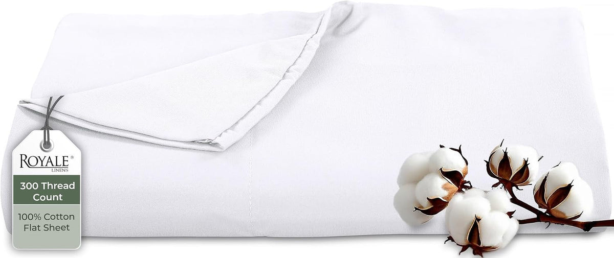 Royale Linens 300 Thread Count 100% Cotton Queen Flat Sheet Only - Super Soft Flat Sheets Only - Top Sheet Sold Separately - Breathable, Cool & Crisp White Flat Sheet (Queen, White)