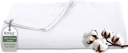 Royale Linens 300 Thread Count 100% Cotton Queen Flat Sheet Only - Super Soft Flat Sheets Only - Top Sheet Sold Separately - Breathable, Cool & Crisp White Flat Sheet (Queen, White)