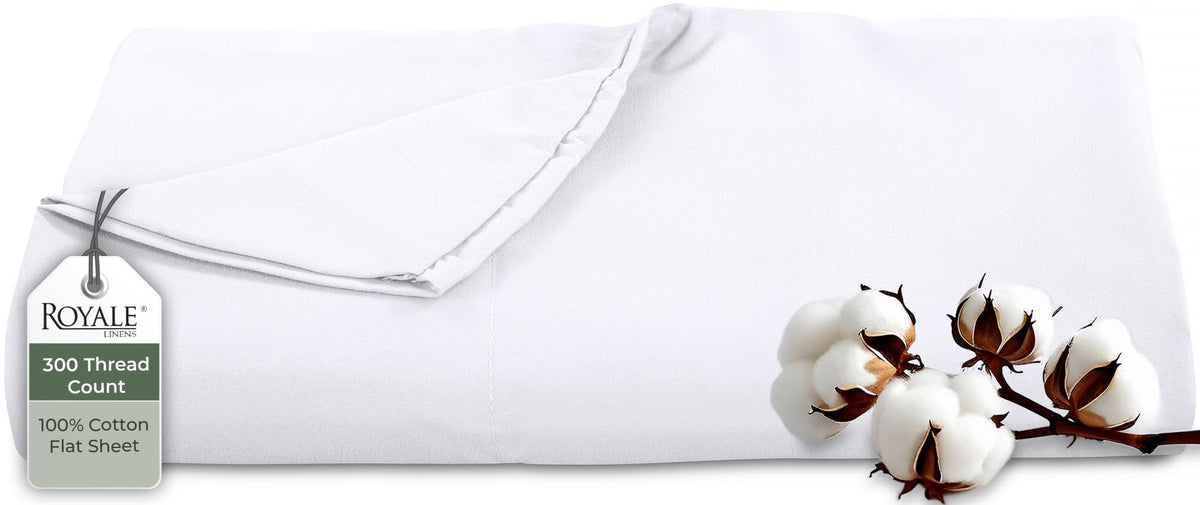 Royale Linens 300 Thread Count 100% Cotton Queen Flat Sheet Only - Super Soft Flat Sheets Only - Top Sheet Sold Separately - Breathable, Cool & Crisp White Flat Sheet (Queen, White)