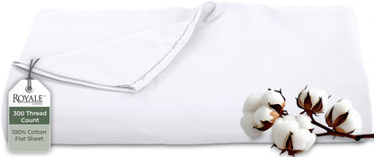 Royale Linens 300 Thread Count 100% Cotton Queen Flat Sheet Only - Super Soft Flat Sheets Only - Top Sheet Sold Separately - Breathable, Cool & Crisp White Flat Sheet (Queen, White)