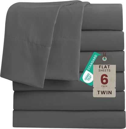 ROSE&RISY 6-Pack Twin Flat Sheets, Bulk Ultra Soft Microfiber Bedding, Cooling & Breathable Top Flat Sheet, Fade & Shrink Resistant & Easy Care Hotel Quality (Dark Grey, Twin Size)