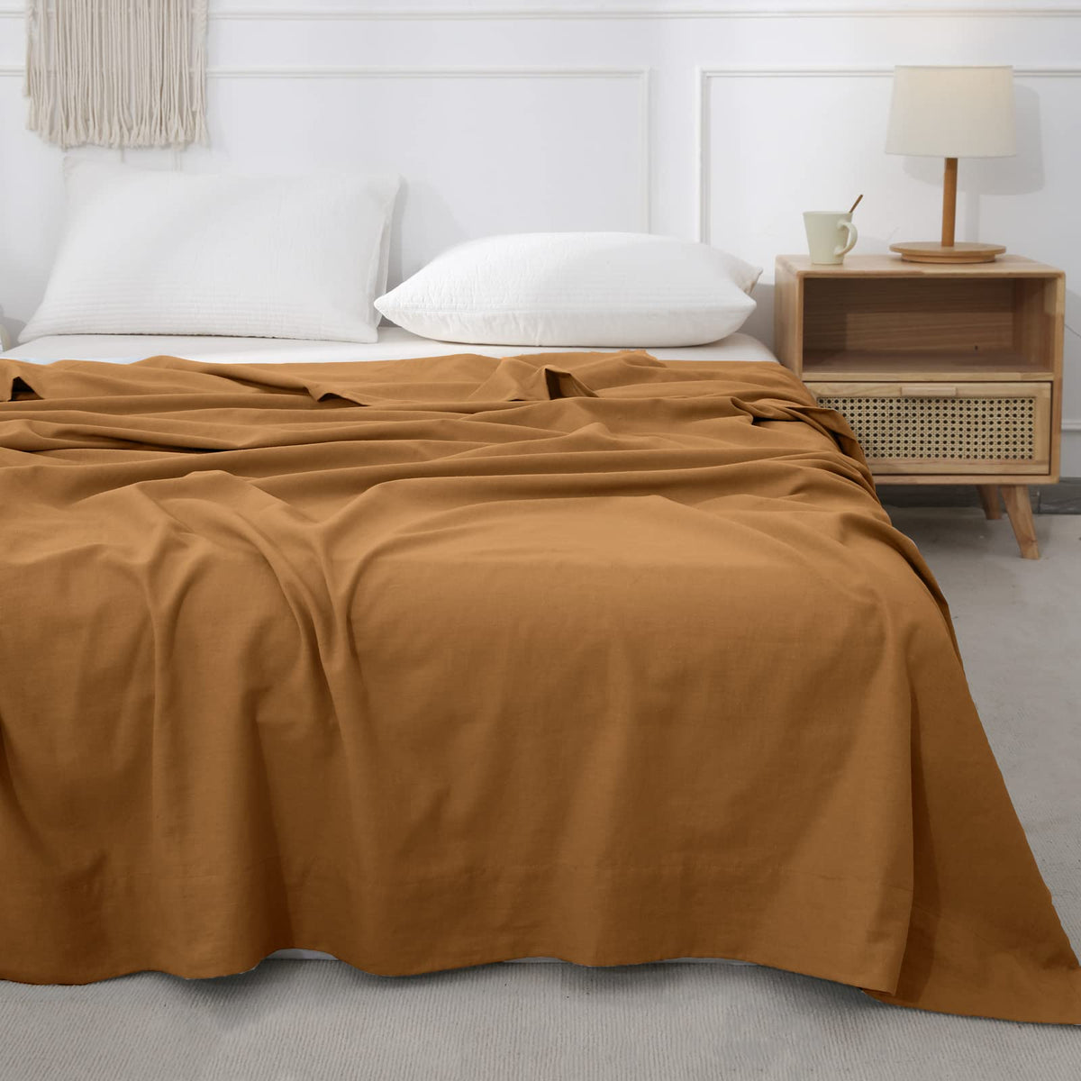 BISELINA Linen Sheet French Flax Flat Sheet Only 55% Euro Flax 45% Cotton Basic Style Solid Color Soft Breathable Farmhouse Top Sheet 1-Piece (Full, Linen)