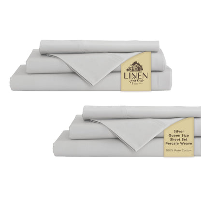 Linen Home 100% Cotton Percale Sheets Queen Size 4 Pc Cooling Set - White