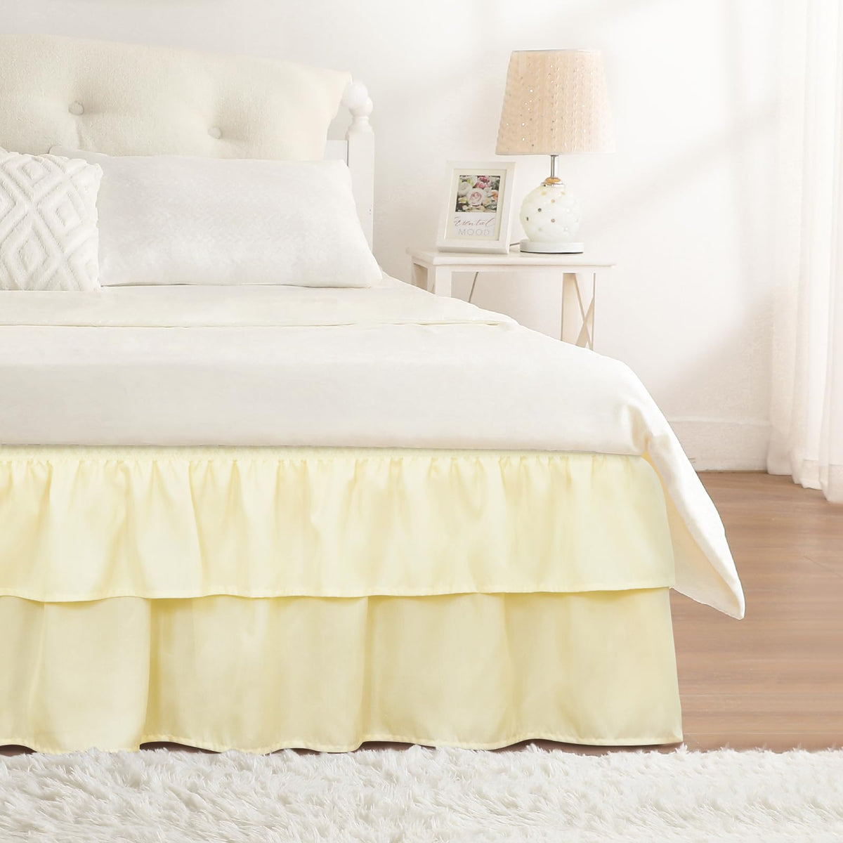 RIMELA Queen Size Ruffle Bed Skirt 16 Inch Drop - White Double Layered Wrap Around Dust Ruffle, Romantic Cute Design Bedskirt with High-Density Fabric, Soft Stretchy, Easy Install for Queen Bed