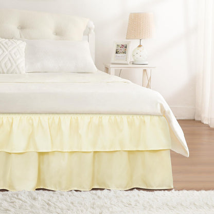 RIMELA Queen Size Ruffle Bed Skirt 16 Inch Drop - White Double Layered Wrap Around Dust Ruffle, Romantic Cute Design Bedskirt with High-Density Fabric, Soft Stretchy, Easy Install for Queen Bed