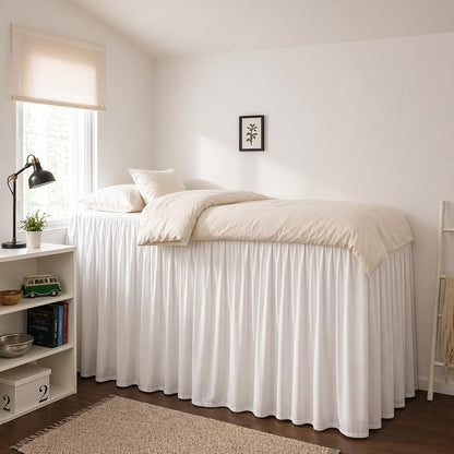 Krishna Dorm Bed Skirt, 100% Microfiber College Bed Skirt Ruffle with Split Corners, Twin XL 32 Inch Drop, White