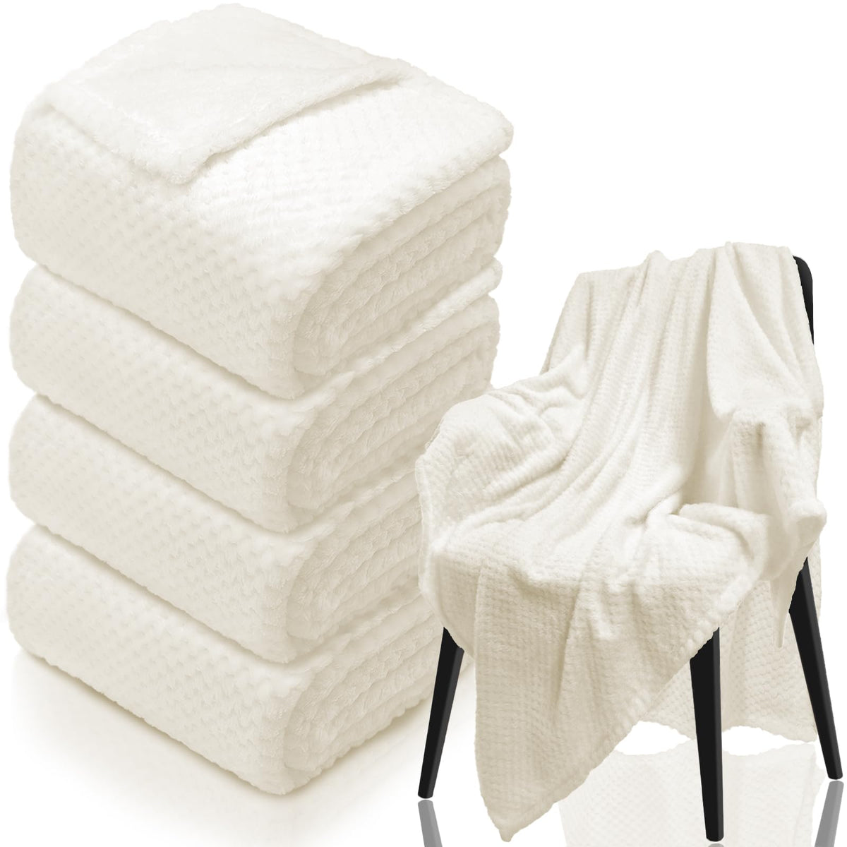4 Pack Fleece Throw Blankets 50x60 Inches - 270 GSM Ultra Soft Plush Flannel for Bed Couch Sofa, Lightweight Warm 3D Waffle Texture, No Shedding No Pilling All Season Throw (Gray)