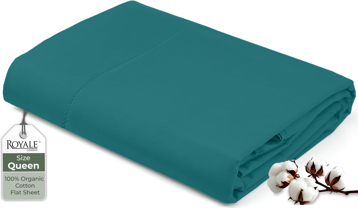 Royale Linens 100% Organic Cotton Queen Flat Sheet Only - Super Soft - Percale Top Sheets - Queen Flat Sheet Sold Separately - Breathable, Cool & Crisp White Sheets Only (90" x 102", White)
