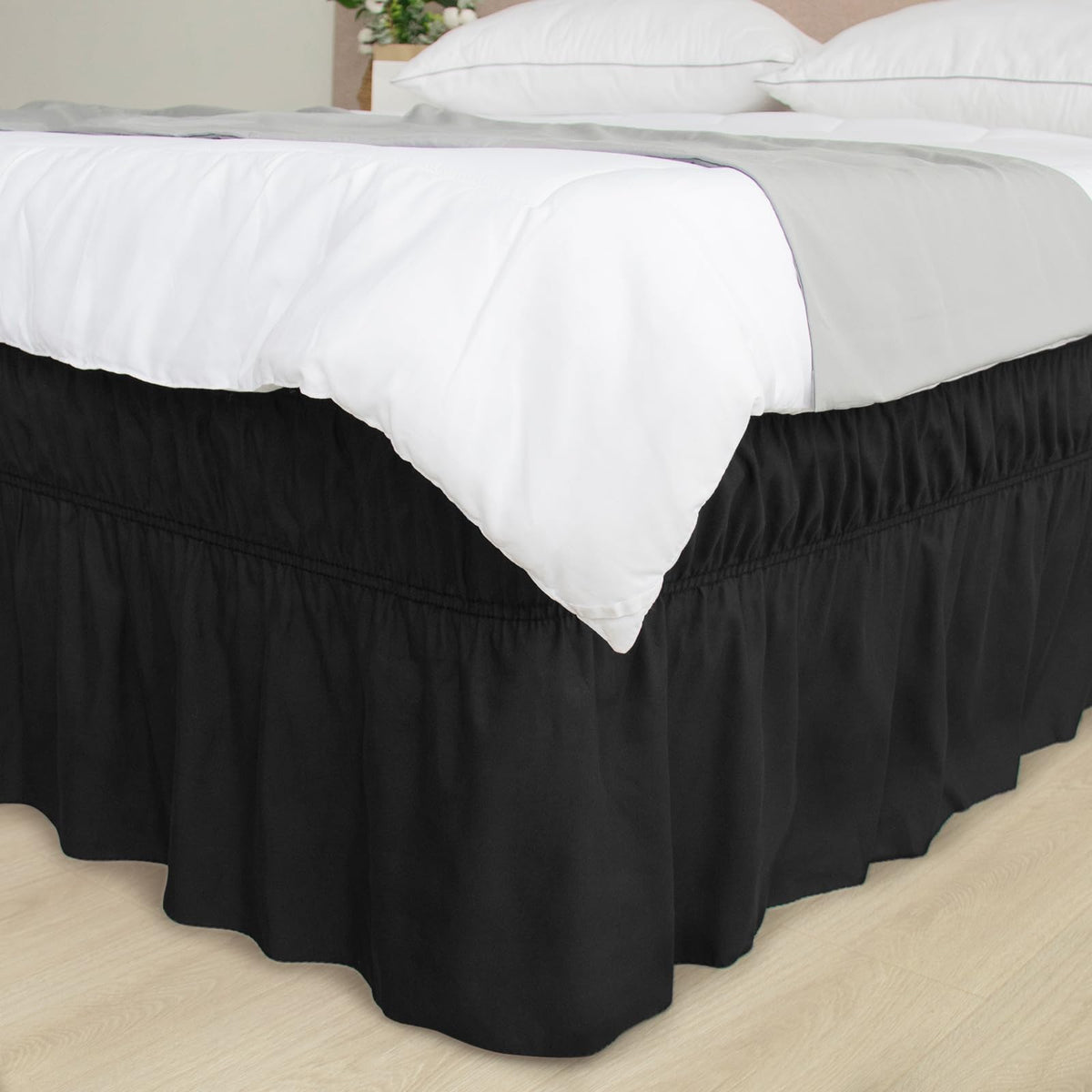 Queen Bed Skirt, Wrap Around Elastic Quadruple Pleated Bed Ruffle, Black