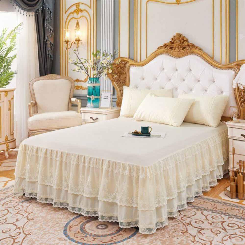 Double Lace Bed Skirt for Full Bed - 17in. Drop, Easy Fit Ruffle Bedskirt Wrap Around Bed Skirt, Anti Wrinkle & Fade Resistant