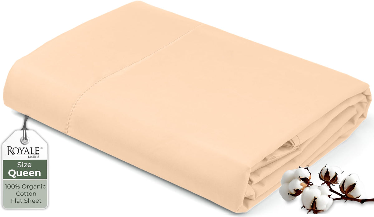 Royale Linens 100% Organic Cotton Queen Flat Sheet Only - Super Soft - Percale Top Sheets - Queen Flat Sheet Sold Separately - Breathable, Cool & Crisp White Sheets Only (90" x 102", White)