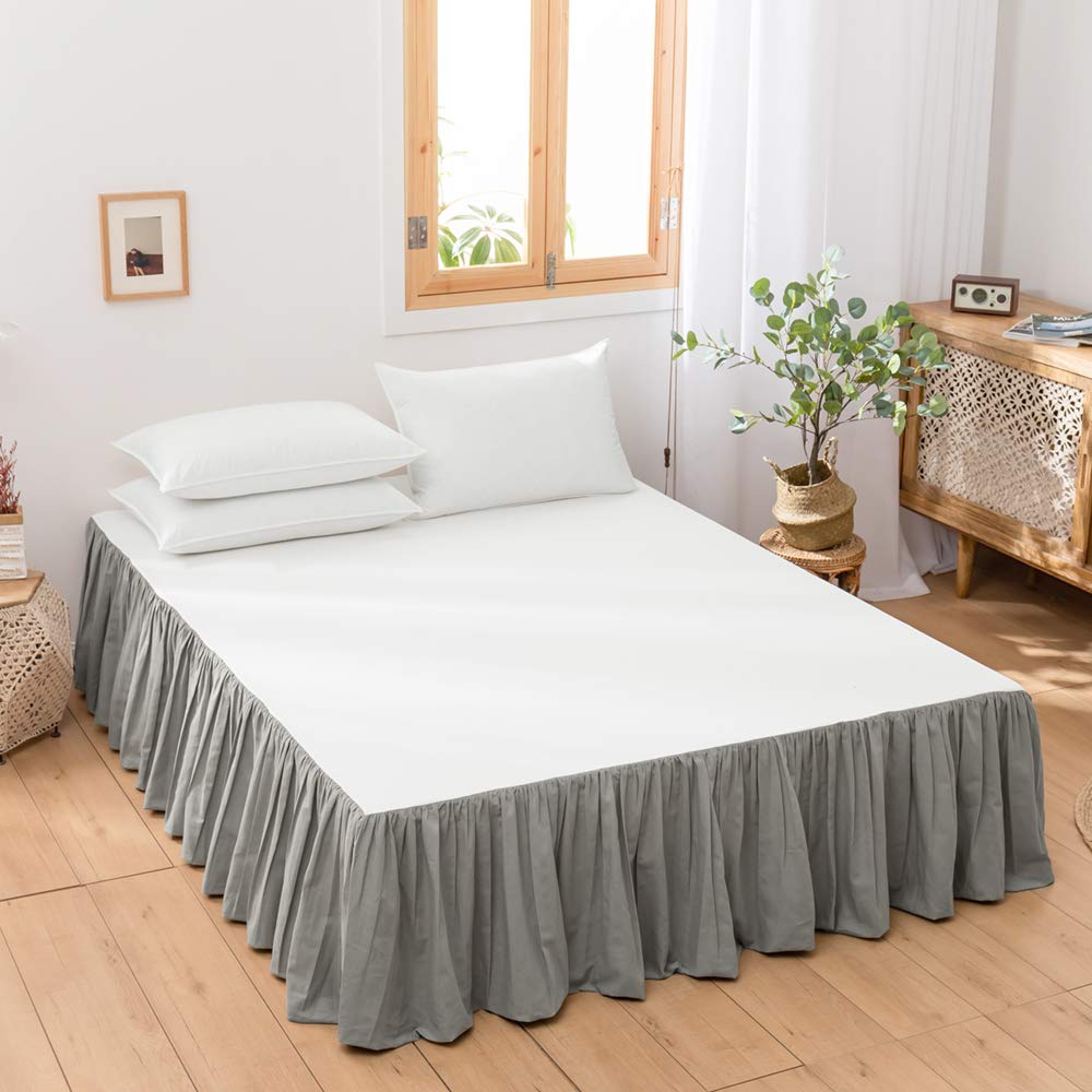 BISELINA French Linen Wrap Around Bed Skirt with Pleated Corner 14-Inch Tailored Drop Natural Flax Cotton Blend Basic Soft Cozy (14" Queen, Linen)