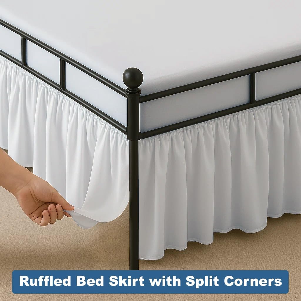Ruffled Bed Skirt Split Corners with Platform, Tailored Fit Hotel Quality Wrinkle Free Ultra-Soft Microfiber Dust Ruffle, Upto 16 Inch Drop, Queen, White