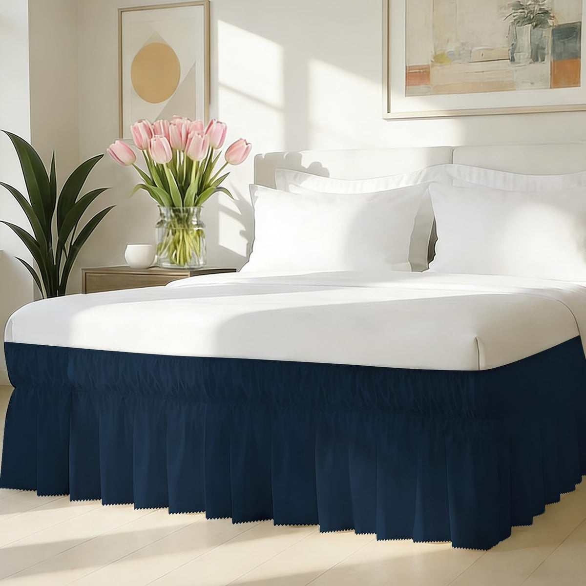 Queen Bed Skirt with Elastic Strap, Ruffle Bed Skirting Queen Size 16" Drop