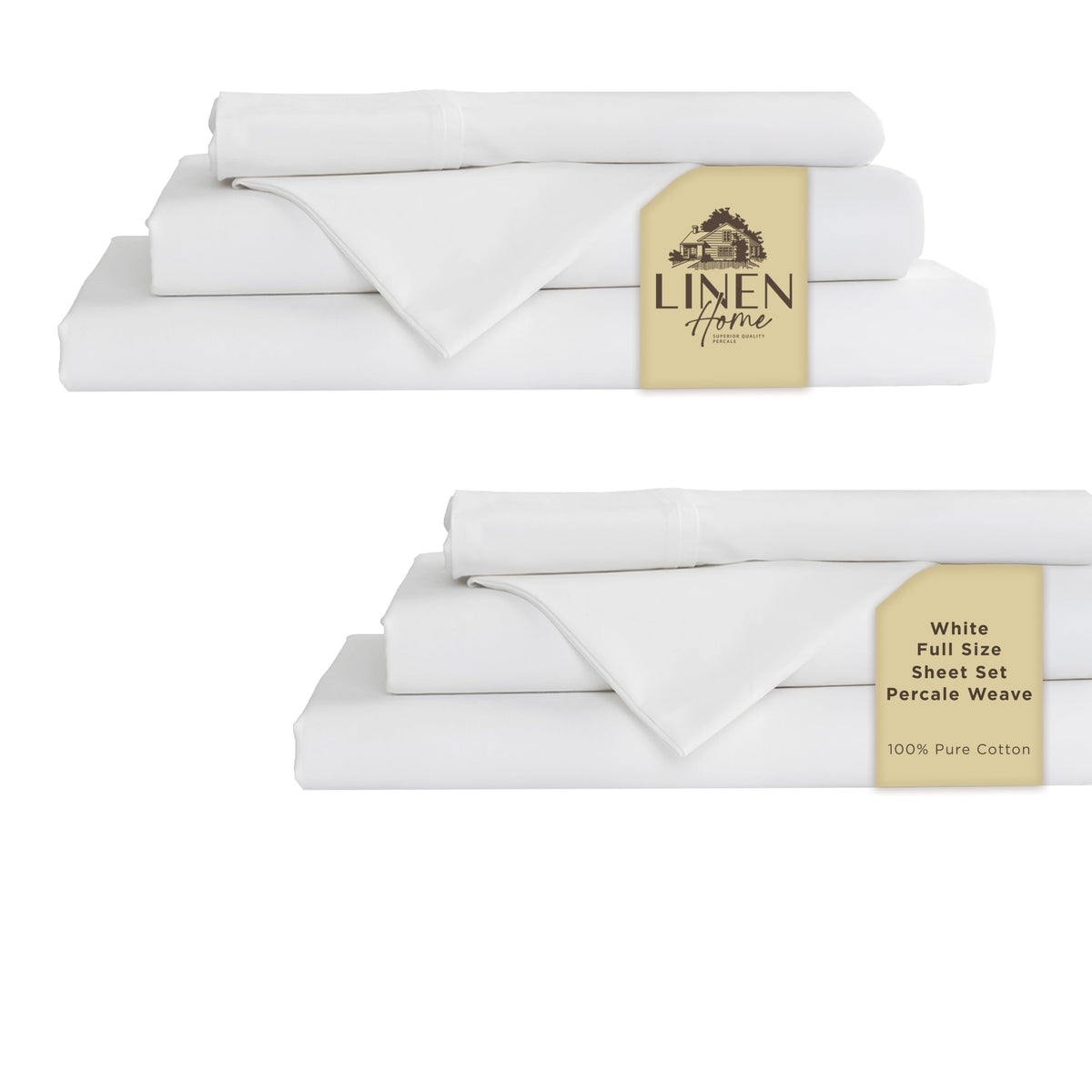 Linen Home 100% Cotton Percale Sheets Queen Size 4 Pc Cooling Set - White