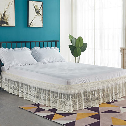 White Lace Bed Skirt for Queen Bed - 15in. Drop, Easy Fit Ruffle Bedskirt Wrap Around Bed Skirt, Anti Wrinkle & Fade Resistant