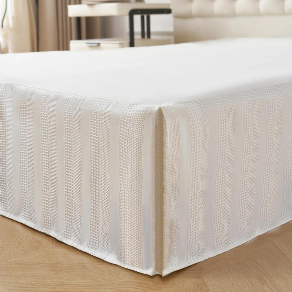 Queen Size Bed Skirt, Textured Geometric Stripe Pleated Bed Skirts, Ivory
