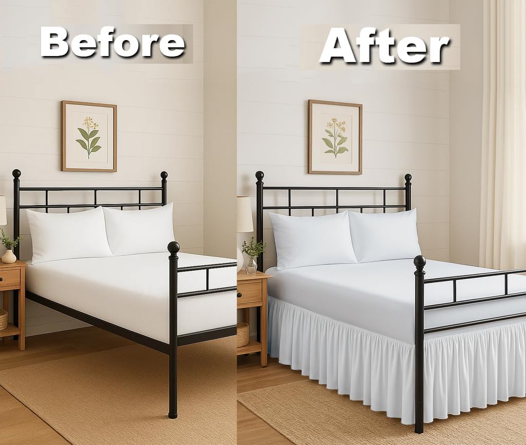 Ruffled Bed Skirt Split Corners with Platform, Tailored Fit Hotel Quality Wrinkle Free Ultra-Soft Microfiber Dust Ruffle, Upto 16 Inch Drop, Queen, White