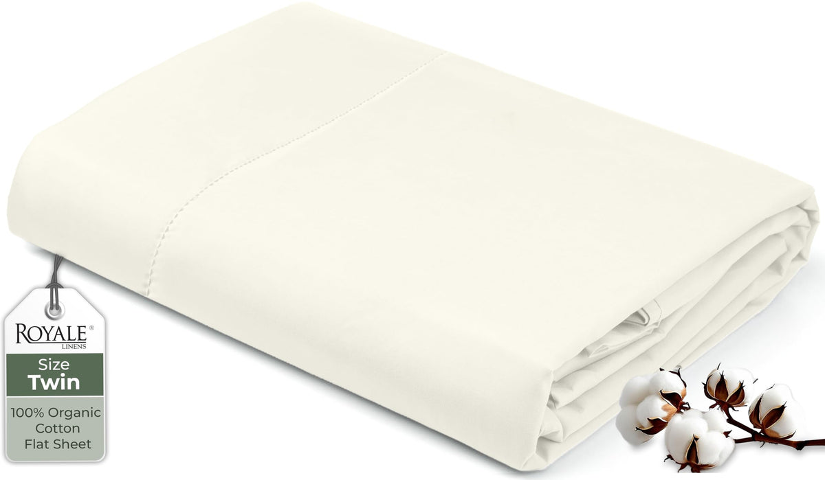Royale Linens 100% Organic Cotton Queen Flat Sheet Only - Super Soft - Percale Top Sheets - Queen Flat Sheet Sold Separately - Breathable, Cool & Crisp White Sheets Only (90" x 102", White)