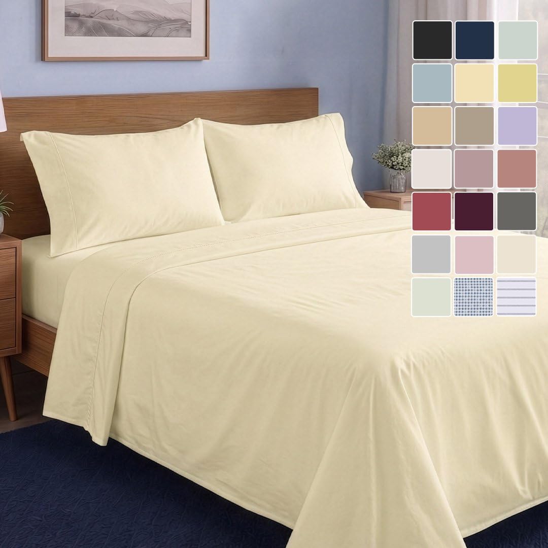 LANE LINEN Queen Sheets 100% Organic Cotton 4pc Percale Cooling - White