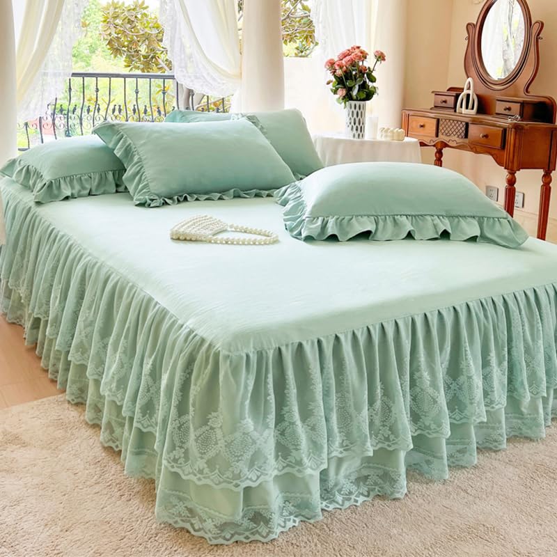 Lace Bed Skirt & Bedsheet Queen Size - 17 in. Drop, Easy Fit Ruffled Bedskirt Wrap Around Bedcover, Anti Wrinkle & Fade