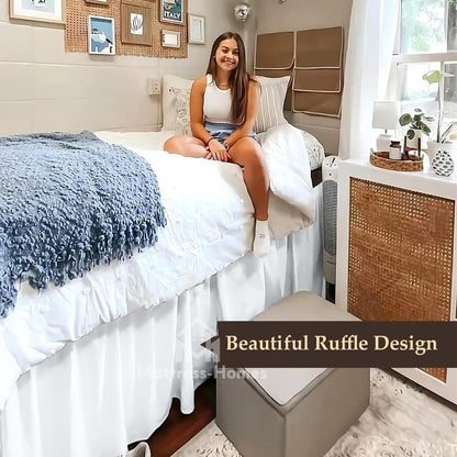 Mattress-Homes College Dorm Bed Skirt Twin XL, 42 Inch Drop Extra Long Bed Skirt, Split Corner Tailored Dust Ruffle, Premium Brushed Microfiber, Wrinkle Resistant, White